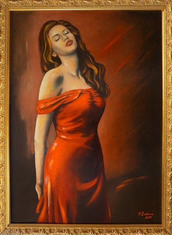 Beautiful Woman in red Dress Oil painting erotic art